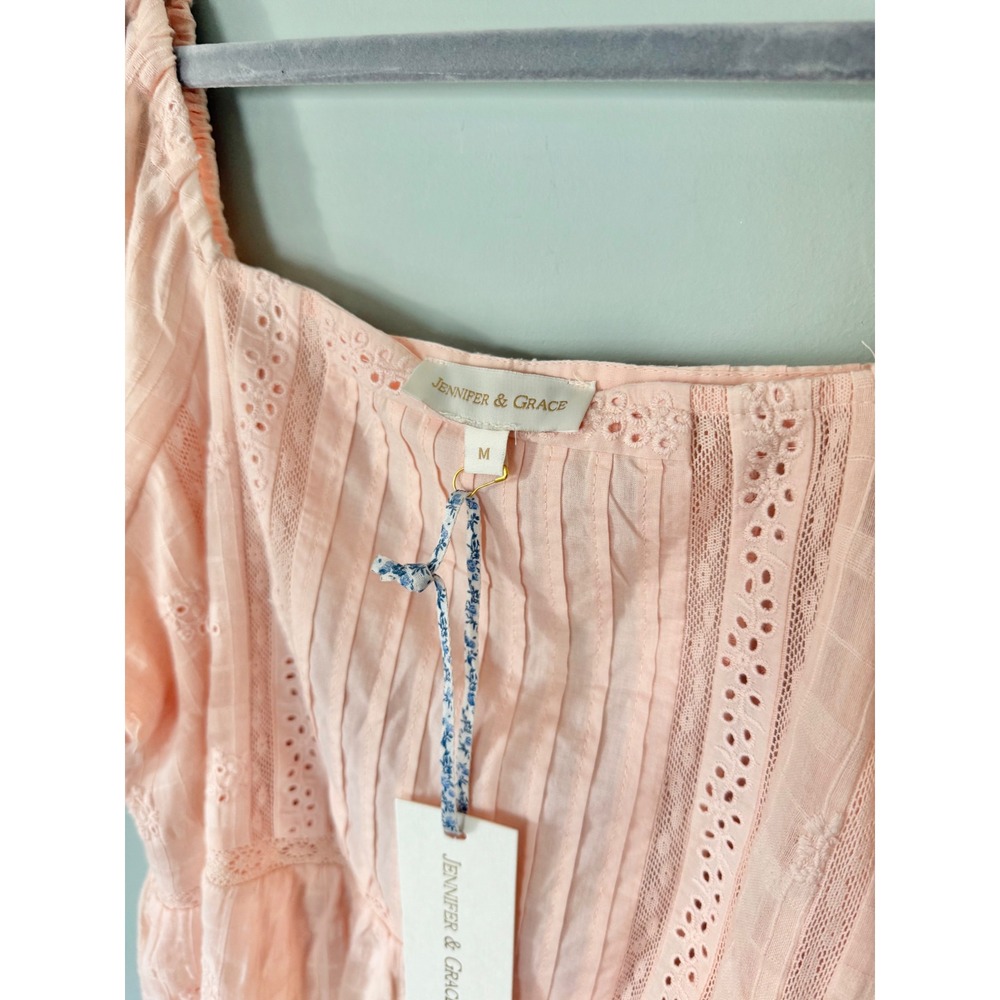 Jennifer & Grace Cotton Eyelet Lace Puff Sleeve Babydoll Blouse Pink Medium NWT - Picture 3 of 6